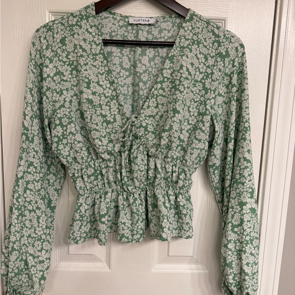 JustFab White Floral Blouse in Green